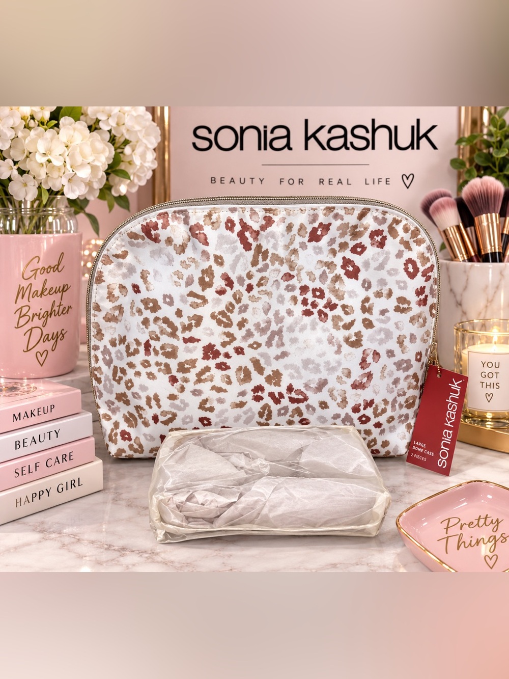 Sonia Kashuk Large Dome Cosmetic Case Set White Leopard Print NWT